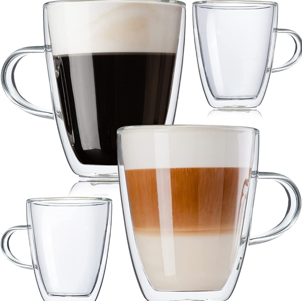 Set of 4, 12oz, Glass Coffee Mugs - Double Wall Insulated Cups